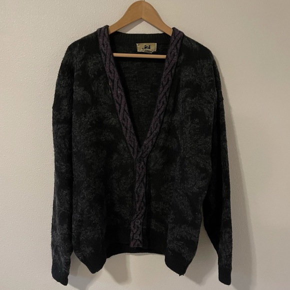 Vintage Other - Vintage Grandpa Sweater Gray V-Neck Button Cardigan Oversized Purple Trim-Medium